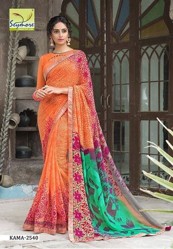Party Wear Border Saree - Georgette, 5.5 Mtr + 0.80 Blouse, Orange Color, Printed Pattern | Soft Touch, Eye-Catchy Look, Comfortable to Wear, Light Weight