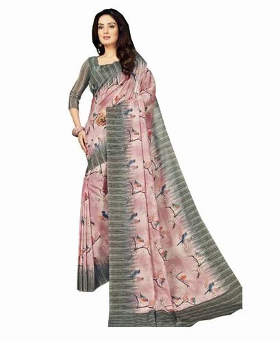 Silk Saree - Printed Pink Makhmali Silk, Grey Striped Border and Pallu, Includes Matching Blouse Piece