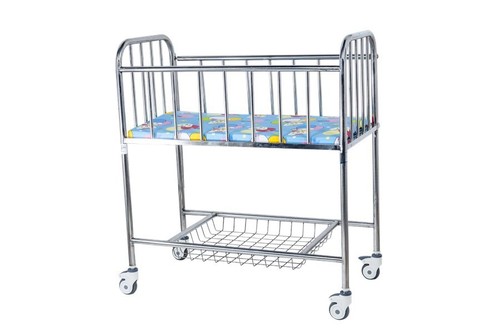 SS Baby Cot - 750x400x850-1000 mm | Stainless Steel, Silver Color, Ideal for Hospital Use