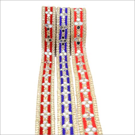 Mirror Work Lace - Net Fabric, Length: 9m, Width: 3.7cm | One-Sided Embroidered Design, Decorative Mirror Material