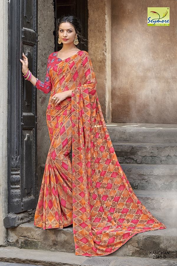 Fancy Printed Sarees - Georgette Fabric, Multi Color Design | Bollywood Style, Elegant Printed Pattern