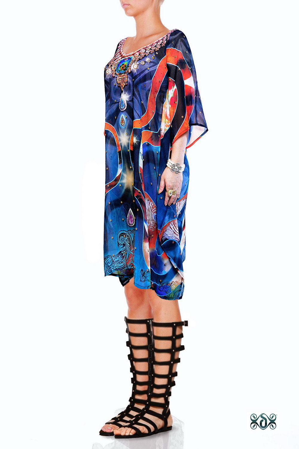 Digital Printed Short Embellished Kaftan - Soft Georgette, 37 Inches Length | Anti-wrinkle, Breathable, Hand Embellished With Superior Quality Crystals, Custom Sizes Available