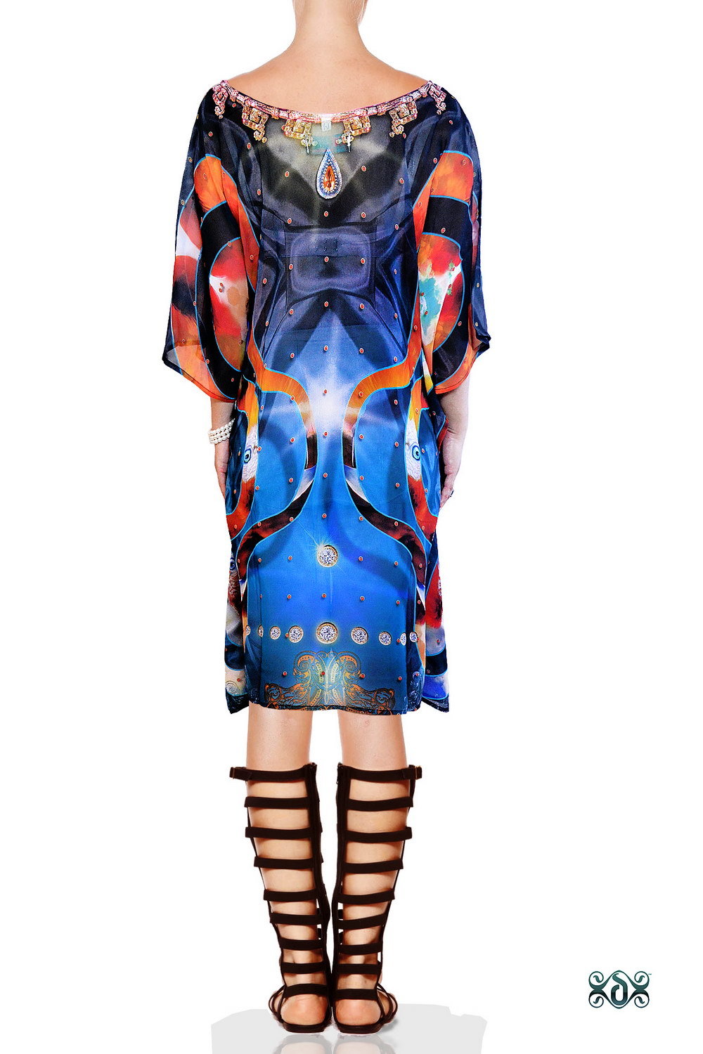 Digital Printed Short Embellished Kaftan - Soft Georgette, 37 Inches Length | Anti-wrinkle, Breathable, Hand Embellished With Superior Quality Crystals, Custom Sizes Available