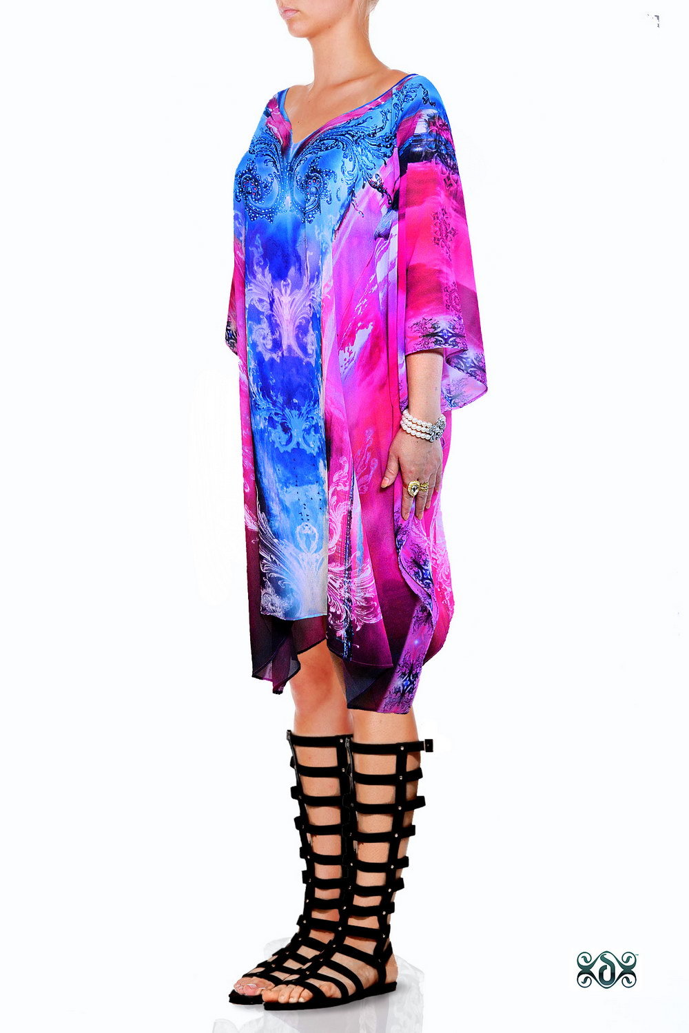 Digital Print Beach Cover-ups Short Kaftan - Crepe, 36 Inches Length | Hand Embellished With Superior Quality Crystals, Breathable, No Fade, Non-toxic, Washable, All Season Wear, Custom Sizes Available