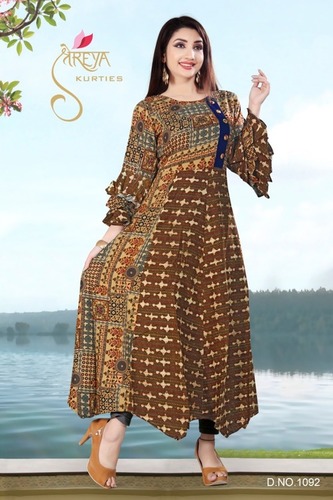 Ladies Long Fancy Kurtis - Rayon Fabric, Size Xxl, Brown Color | Stylish, Comfortable Fit, Round Neck, Perfect For Daily And Party Wear