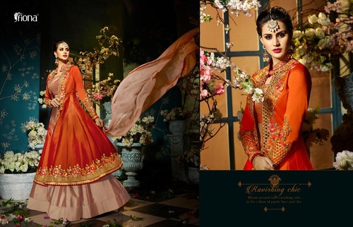 ऑरेंज लॉन्ग फ्रॉक सजावट सामग्री: लेस