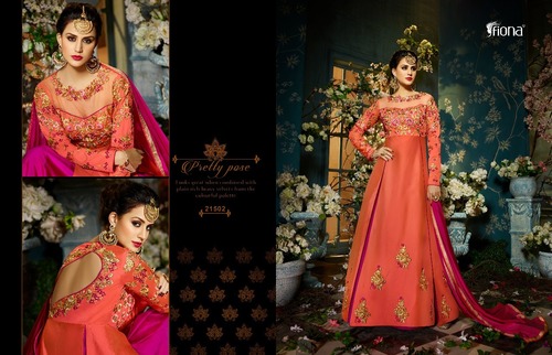 Orange & Pink Long Designer Gown Decoration Material: Laces