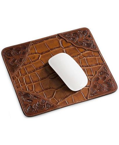 Leather Mouse Pad - 9.5 x 7.9 Inches, Brown Crocodile Design with Embroidered Stitching