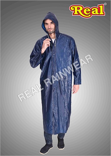 Men Long Raincoat - 0.3-0.8mm Nylon Fabric | Waterproof, Solid Blue, Side Pockets, Polyester Lining, Long Style