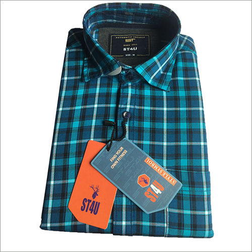 Mens Blue Cotton Check Shirt