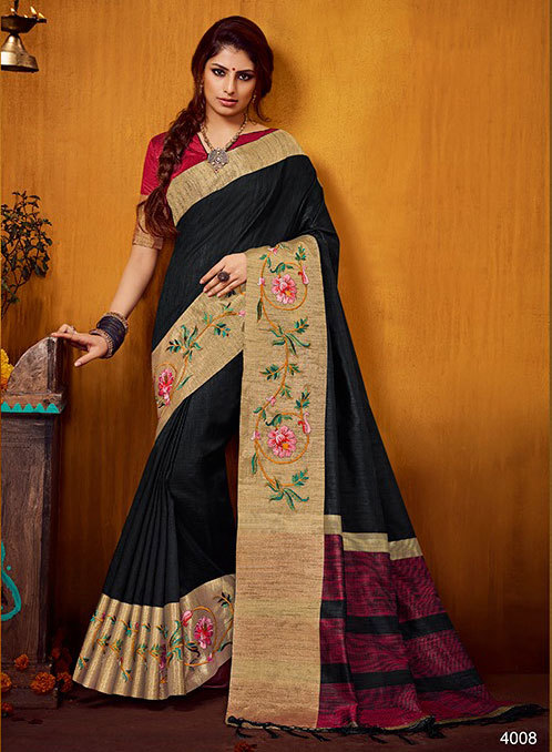Multicolour Latest Raw Silk Saree Animal Embroidered Border