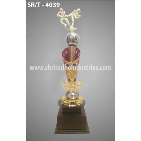 Silver Trophies - Metal, Gold Finish | Fire Torch Shaped Design, Silver Plated, Embellished with Blue Stones, Featuring Two Players at Top