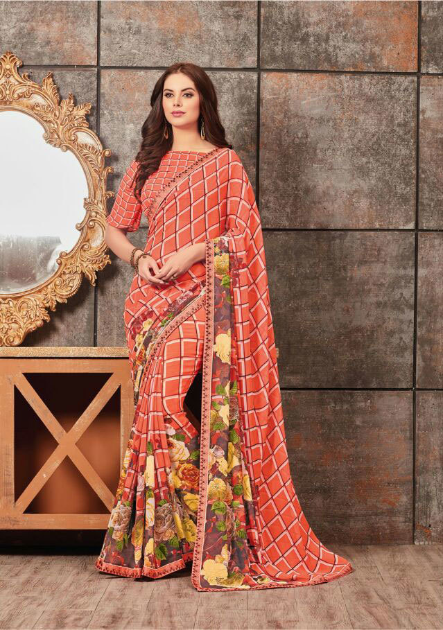 Georgette Saree - Unstitched 5.5mtr With 80cm Blouse | Multicolour Digital Print, Embroidery Lace Border, Perfect For Parties & Weddings