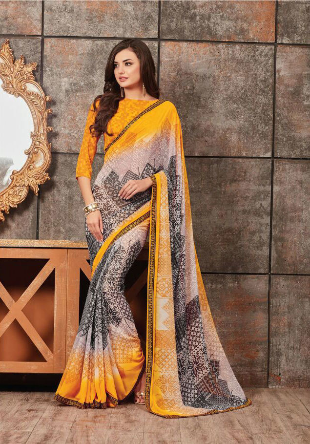 Georgette Saree - Unstitched 5.5mtr With 80cm Blouse | Multicolour Digital Print, Embroidery Lace Border, Perfect For Parties & Weddings