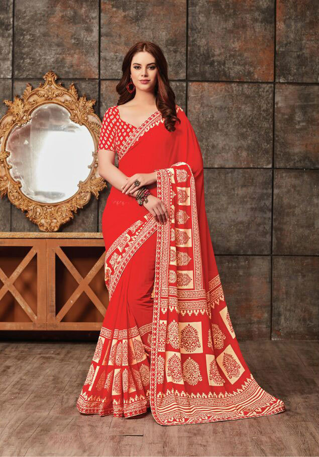 Georgette Saree - Unstitched 5.5mtr With 80cm Blouse | Multicolour Digital Print, Embroidery Lace Border, Perfect For Parties & Weddings