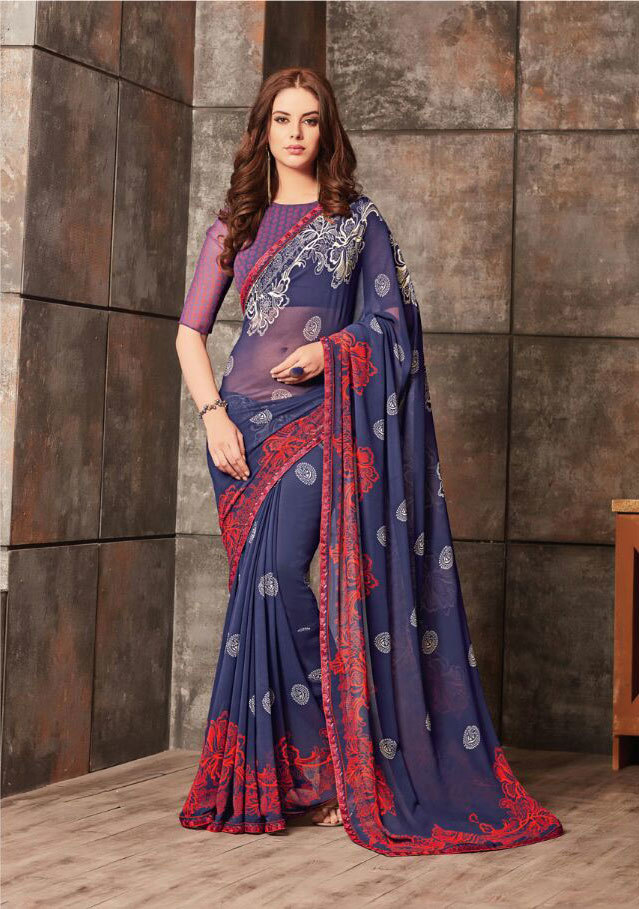 Georgette Saree - Unstitched 5.5mtr With 80cm Blouse | Multicolour Digital Print, Embroidery Lace Border, Perfect For Parties & Weddings