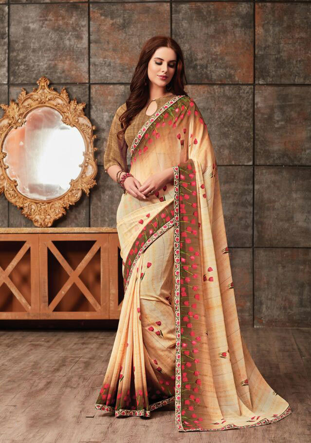 Georgette Saree - Unstitched 5.5mtr With 80cm Blouse | Multicolour Digital Print, Embroidery Lace Border, Perfect For Parties & Weddings