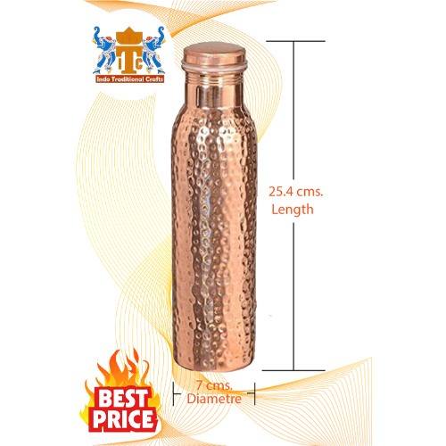 Hammered Copper Water Bottle - 500ml-1000ml Capacity, 250x70mm Dimensions | Lightweight, Leakproof Cap With Silicone Washer, Elegant Hammered Design
