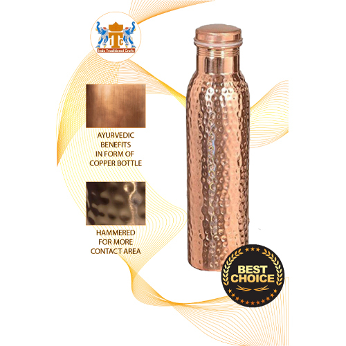 Hammered Copper Water Bottle - 500ml-1000ml Capacity, 250x70mm Dimensions | Lightweight, Leakproof Cap With Silicone Washer, Elegant Hammered Design