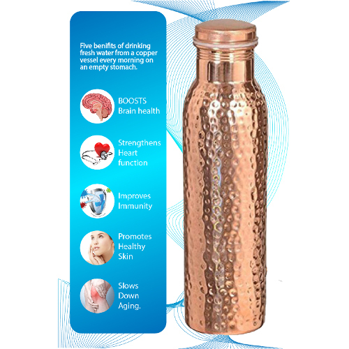Hammered Copper Water Bottle - 500ml-1000ml Capacity, 250x70mm Dimensions | Lightweight, Leakproof Cap With Silicone Washer, Elegant Hammered Design