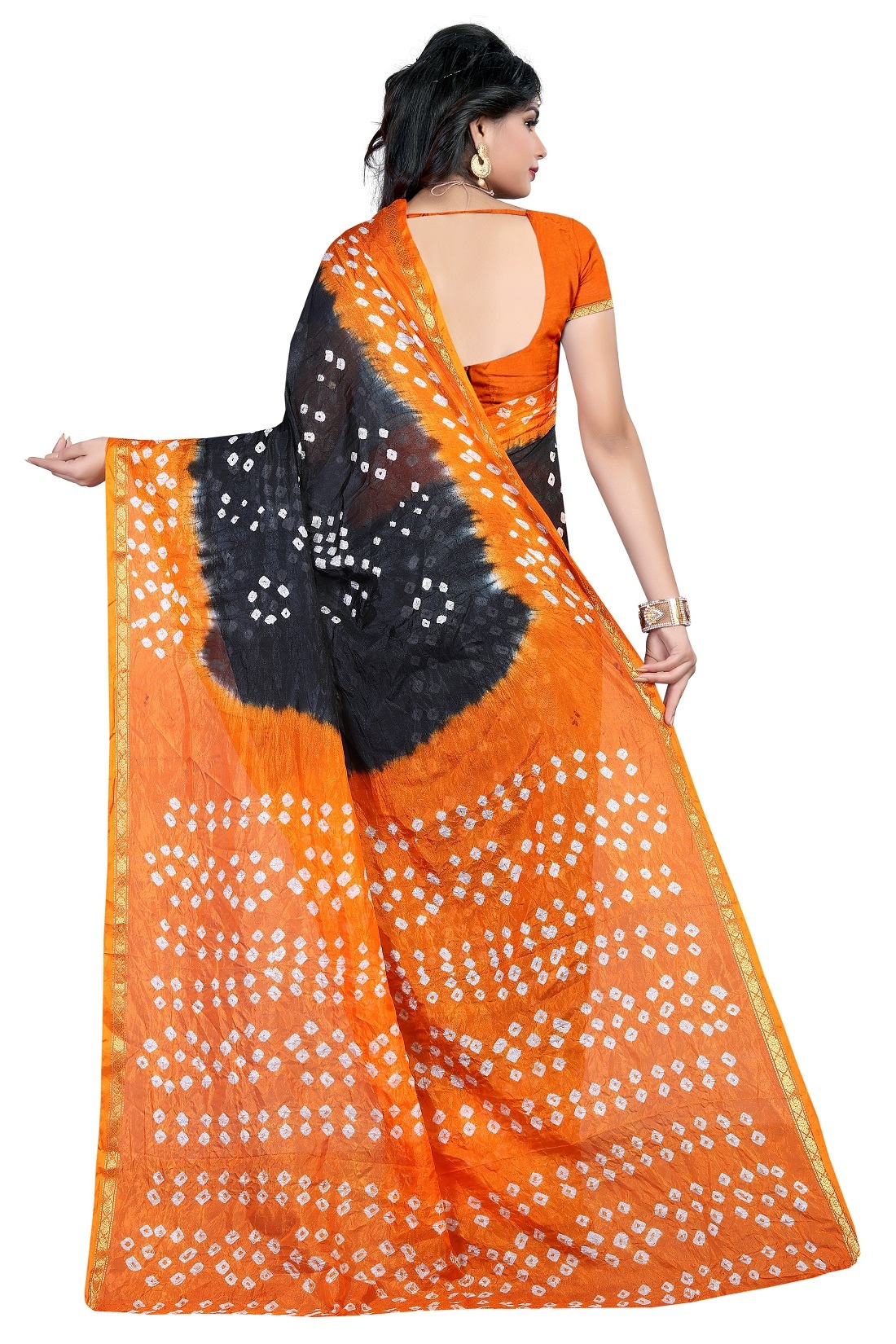 Orange And Black Tussar Silk Saree