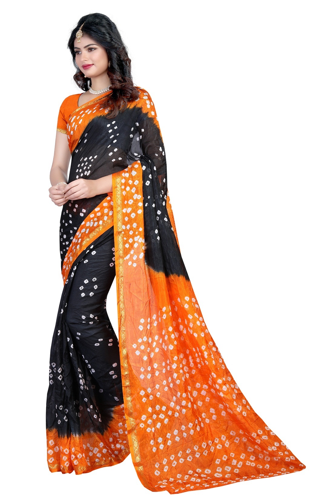 Orange And Black Tussar Silk Saree