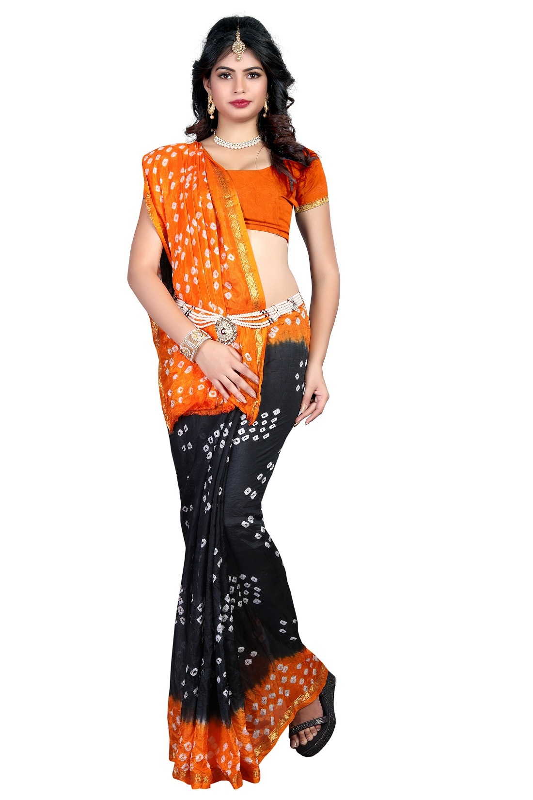 Orange And Black Tussar Silk Saree