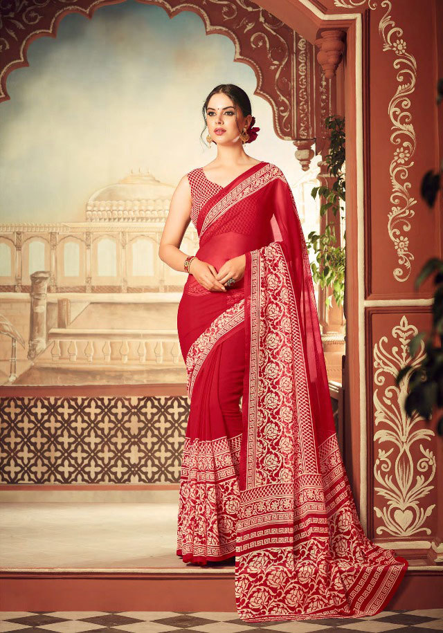 Georgette Printed Sarees Catalog 2007-2017 - Pure Georgette, 5.5mtr Length, 80cm Blouse | Multicolor, Stylish Bollywood Pattern For Formal Occasions