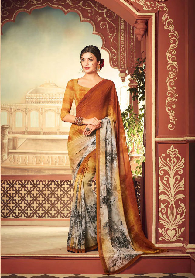 Georgette Printed Sarees Catalog 2007-2017 - Pure Georgette, 5.5mtr With 80cm Blouse | Multicolour, Bollywood Style For Formal Occasions