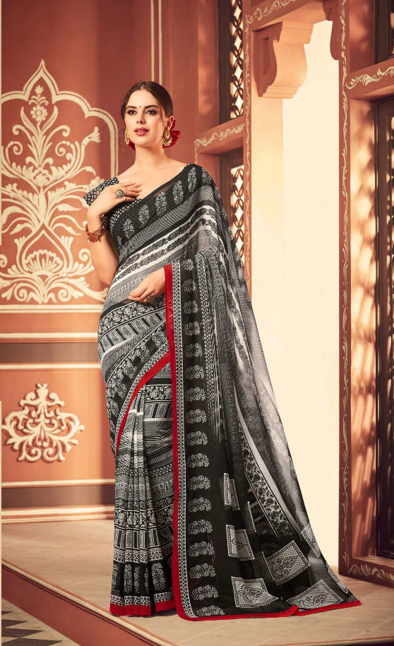 Georgette Printed Sarees Catalog 2007-2017 - Pure Georgette, 5.5mtr With 80cm Blouse | Multicolour, Bollywood Style For Formal Occasions