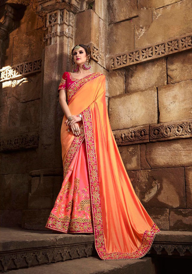 Saree Exotica - 5.5mtr Peach Art Silk With Designer Blouse | Multicolour Embroidered Banarasi Style For Weddings & Celebrations