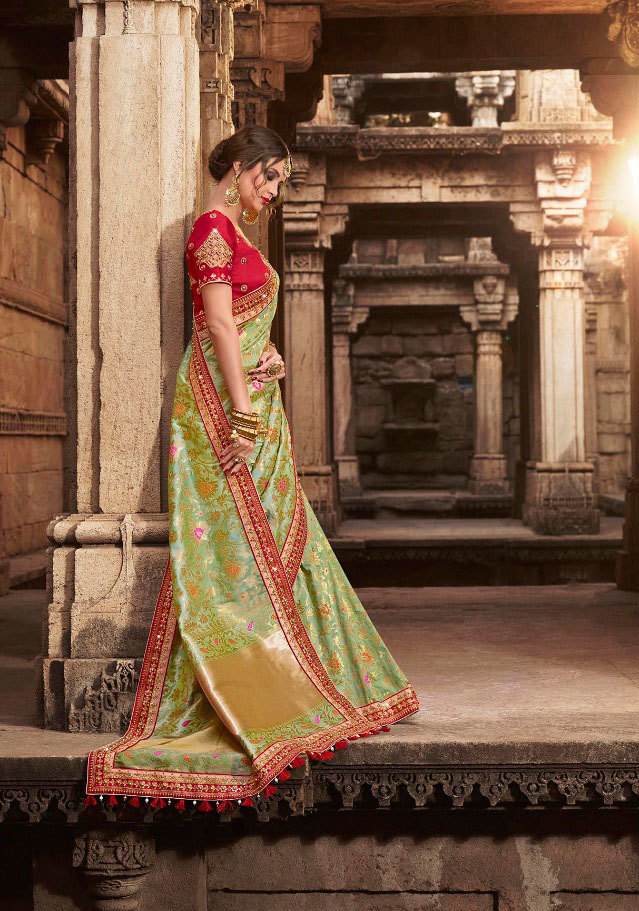Saree Exotica - 5.5mtr Peach Art Silk With Designer Blouse | Multicolour Embroidered Banarasi Style For Weddings & Celebrations