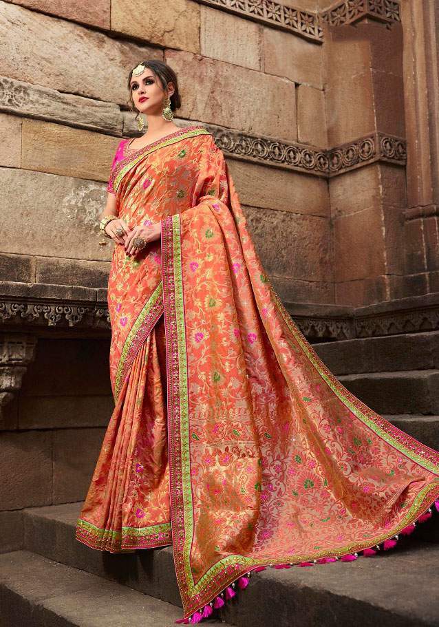 Saree Exotica - 5.5mtr Peach Art Silk With Designer Blouse | Multicolour Embroidered Banarasi Style For Weddings & Celebrations