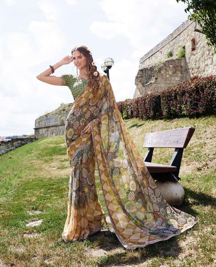 Sethnic Georgette Saree - 5.5mtr, Multicolour Printed With Sequin Work | Bollywood Style Ethnic Wear For Formal Occasions