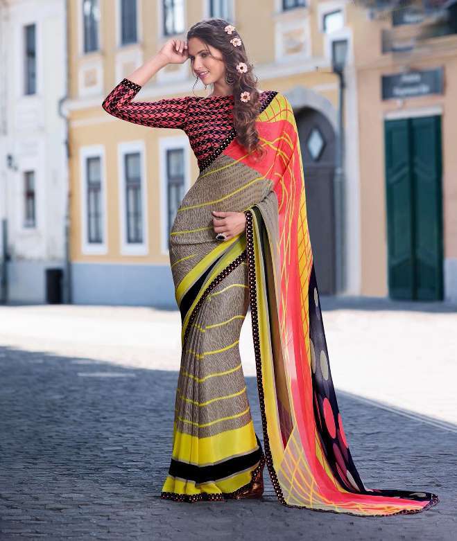 Sethnic Georgette Saree - 5.5mtr, Multicolour Printed With Sequin Work | Bollywood Style Ethnic Wear For Formal Occasions