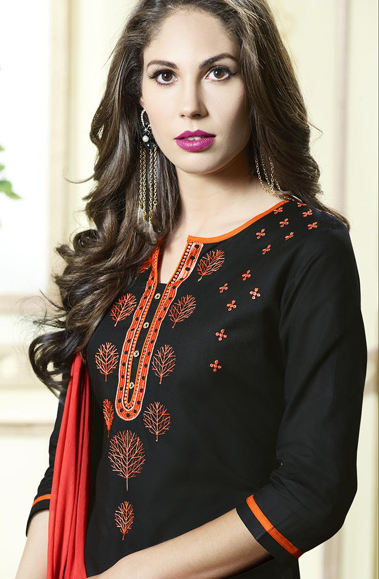 Ladies Salwa Suits - Cotton Top & Bottom, Chiffon Dupatta, Zari Resham Embroidery & Lace Border | Full Sleeves, Printed Design In Black & Red