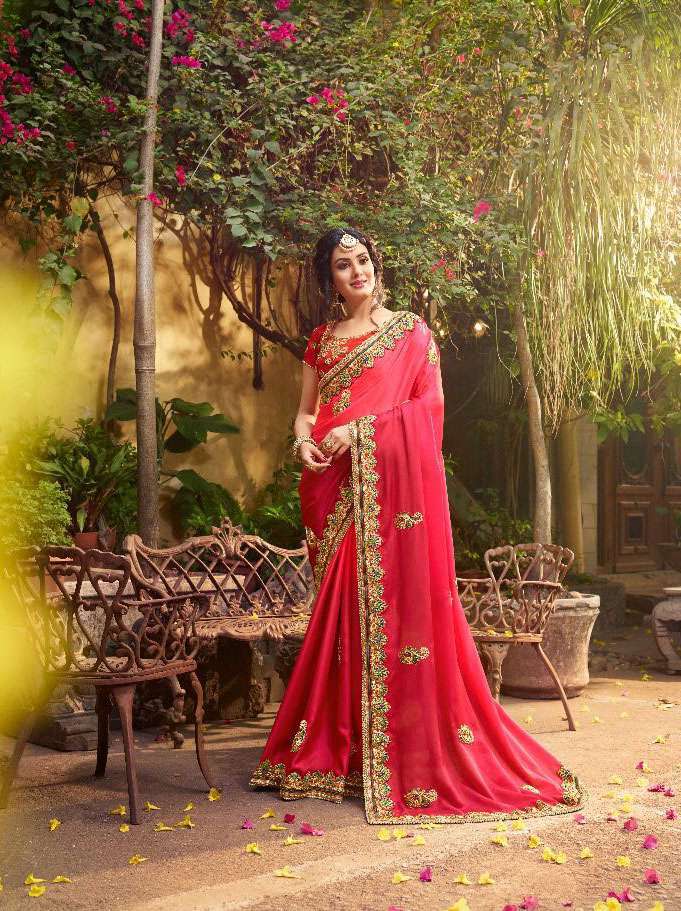 Shilp Sarees - Satin & Bamber, 5.5mtr Length | Multicolour Hand Work Embroidery, Bollywood Style Heavy Designer Wedding Outfit