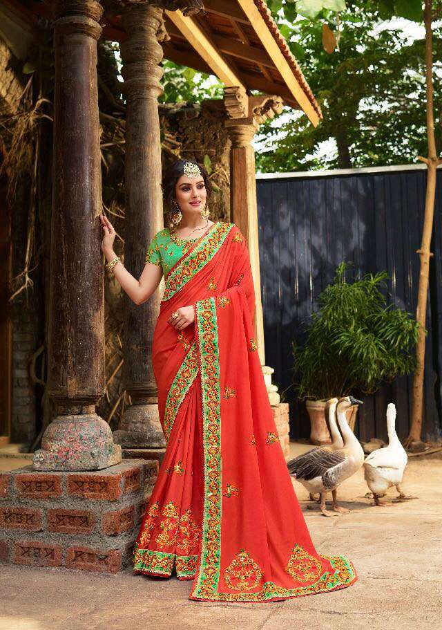 Shilp Sarees - Satin & Bamber, 5.5mtr Length | Multicolour Hand Work Embroidery, Bollywood Style Heavy Designer Wedding Outfit