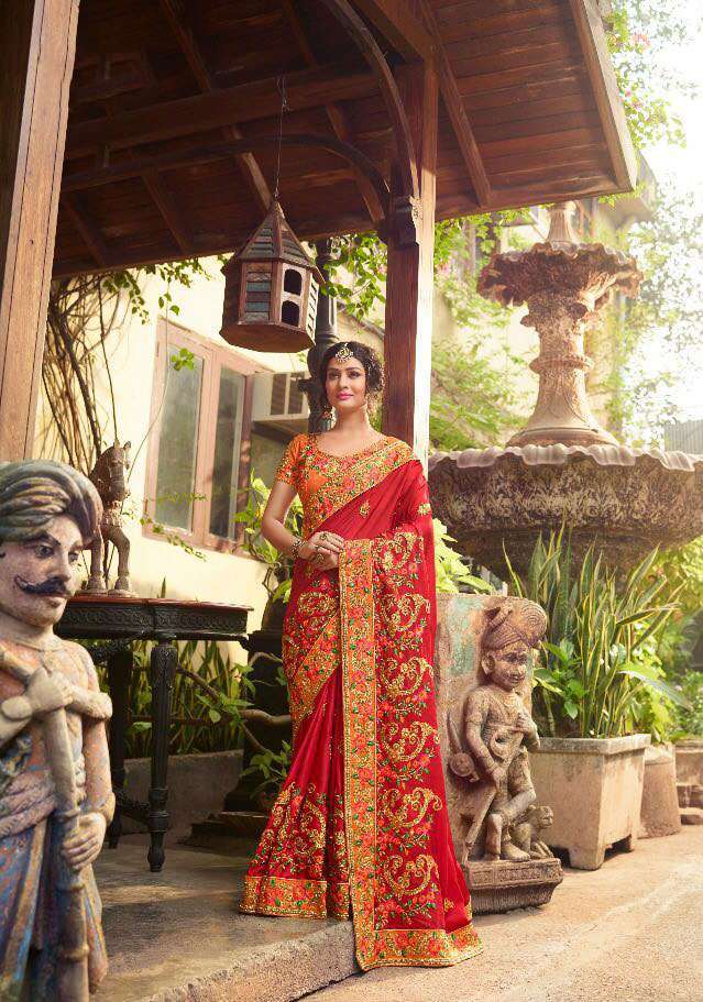 Shilp Sarees - Satin & Bamber, 5.5mtr Length | Multicolour Hand Work Embroidery, Bollywood Style Heavy Designer Wedding Outfit