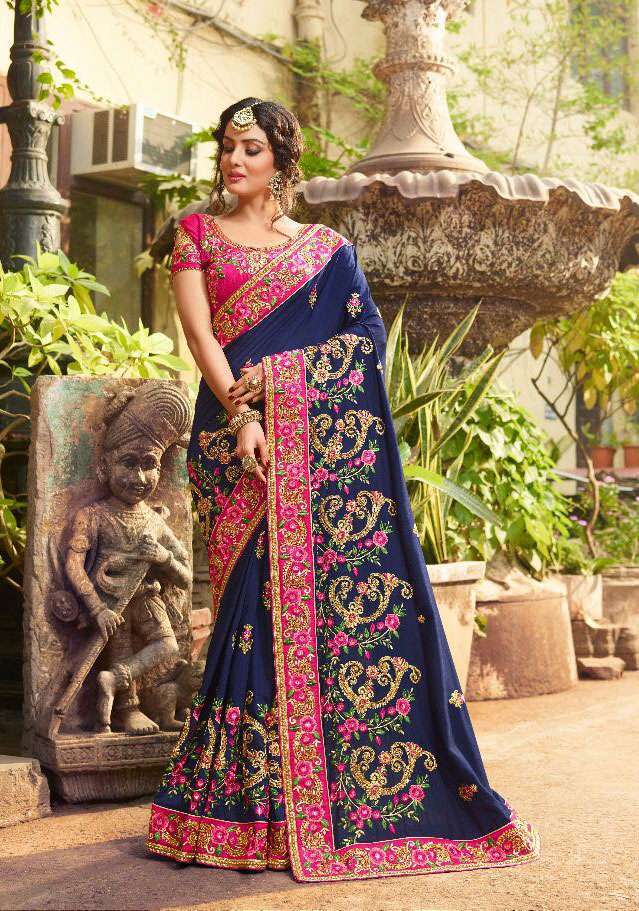 Shilp Sarees - Satin & Bamber, 5.5mtr Length | Multicolour Hand Work Embroidery, Bollywood Style Heavy Designer Wedding Outfit