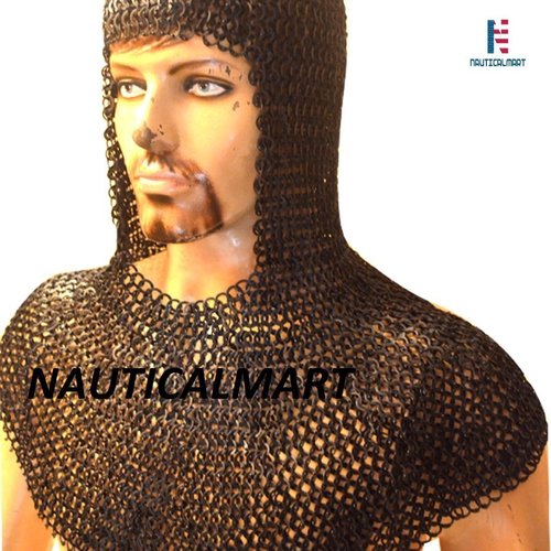 Decoration Nauticalmart Larp Armor Flat Riveted Solid Ring Chain Mail Coif Steel 9 Mm Large Blackend Wearable Armour