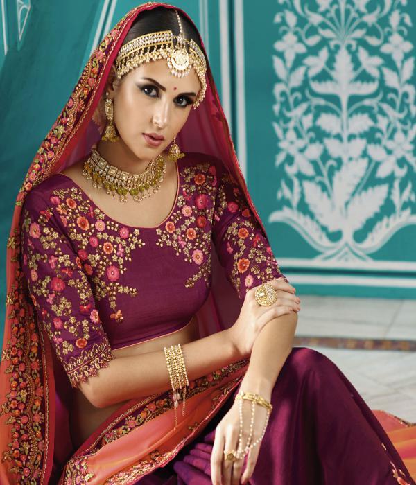 Silk Saree - Barfi Silk & Satin Silk In Pink & Wine - Heavy Zari-resham Embroidery With Stone Work, Lace Border