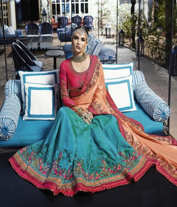 Orange & Sky Blue Bridal Silk Saree