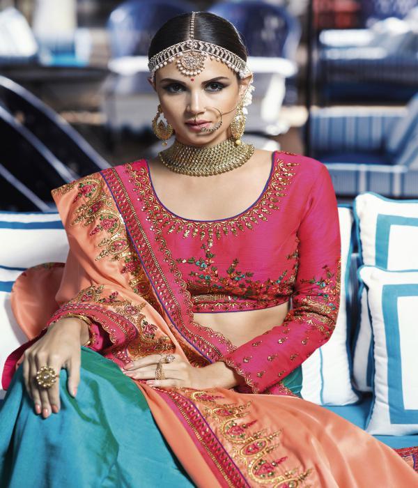 Orange & Sky Blue Bridal Silk Saree