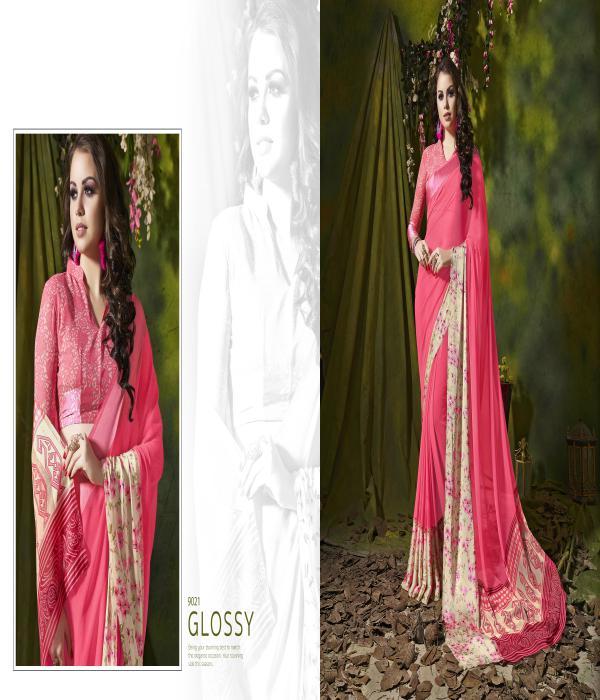 Designer Printed Saree - Weight Less Satin Silk Patta 5.5 Mtr Length , Pink Colour With Peach Satin Silk Blouse Piece