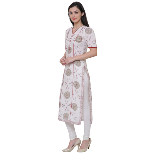 Kurtis - Cotton, 45 Inches, White | V-neck, Half Sleeves, Floral Embroidery, Regular Fit, Comfortable, Durable Stitching