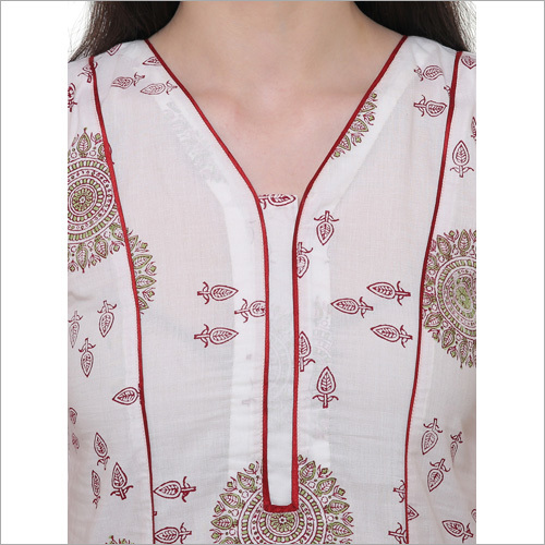 Kurtis - Cotton, 45 Inches, White | V-neck, Half Sleeves, Floral Embroidery, Regular Fit, Comfortable, Durable Stitching