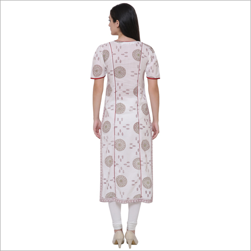 Kurtis - Cotton, 45 Inches, White | V-neck, Half Sleeves, Floral Embroidery, Regular Fit, Comfortable, Durable Stitching