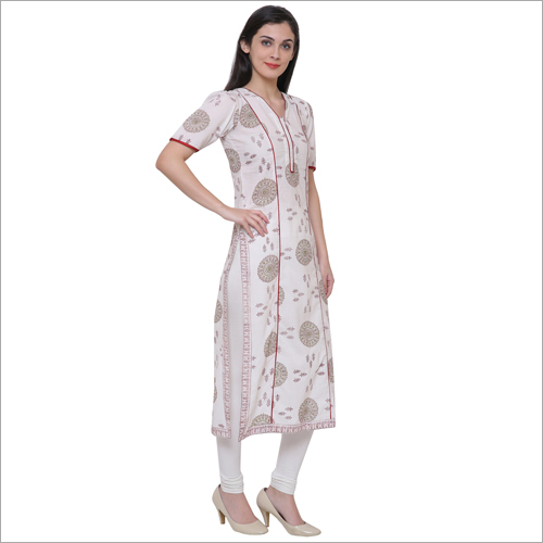 Kurtis - Cotton, 45 Inches, White | V-neck, Half Sleeves, Floral Embroidery, Regular Fit, Comfortable, Durable Stitching