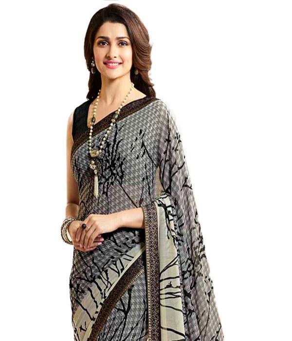 Ladies Saree - Georgette 5.5 Mtr Beige, Banglori Silk Blouse 0.80 Mtr, Elegant Printed Design